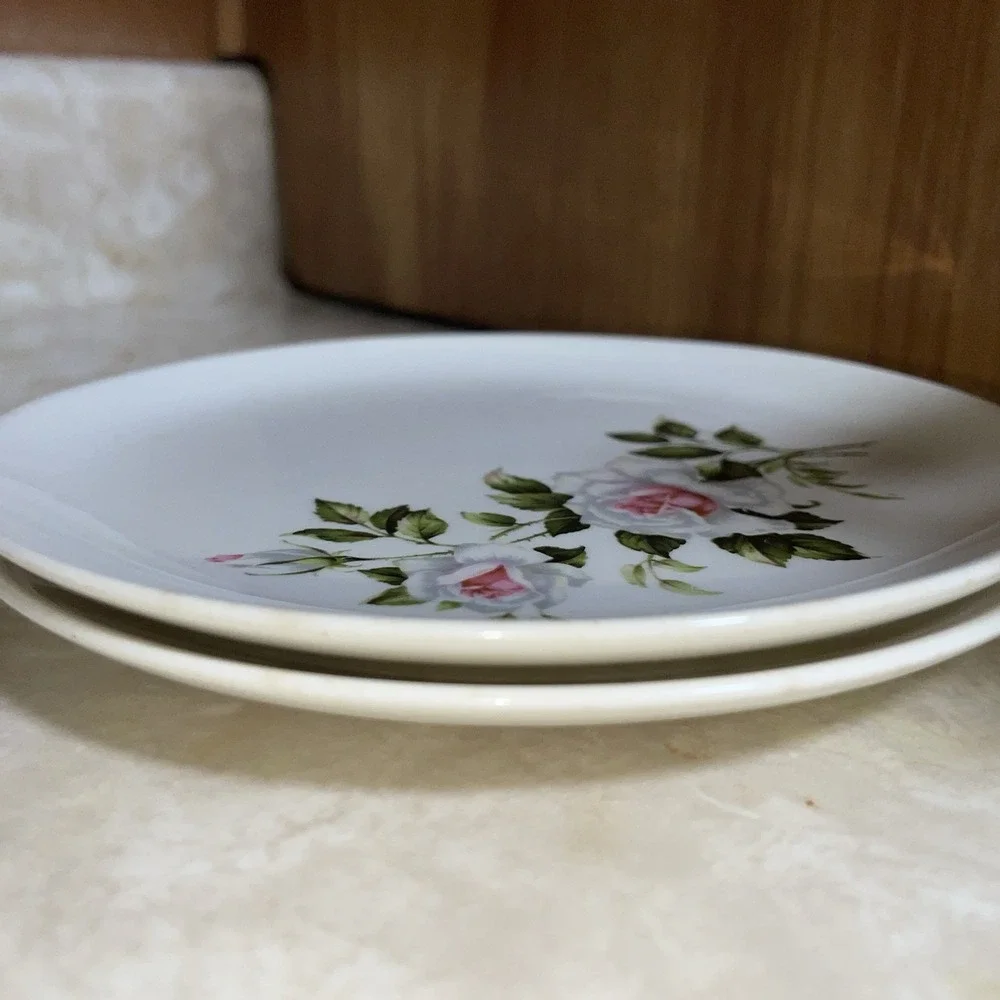 Pair of MINT! Crooksville‎ vintage saucers white roses with leaves, USA I-X